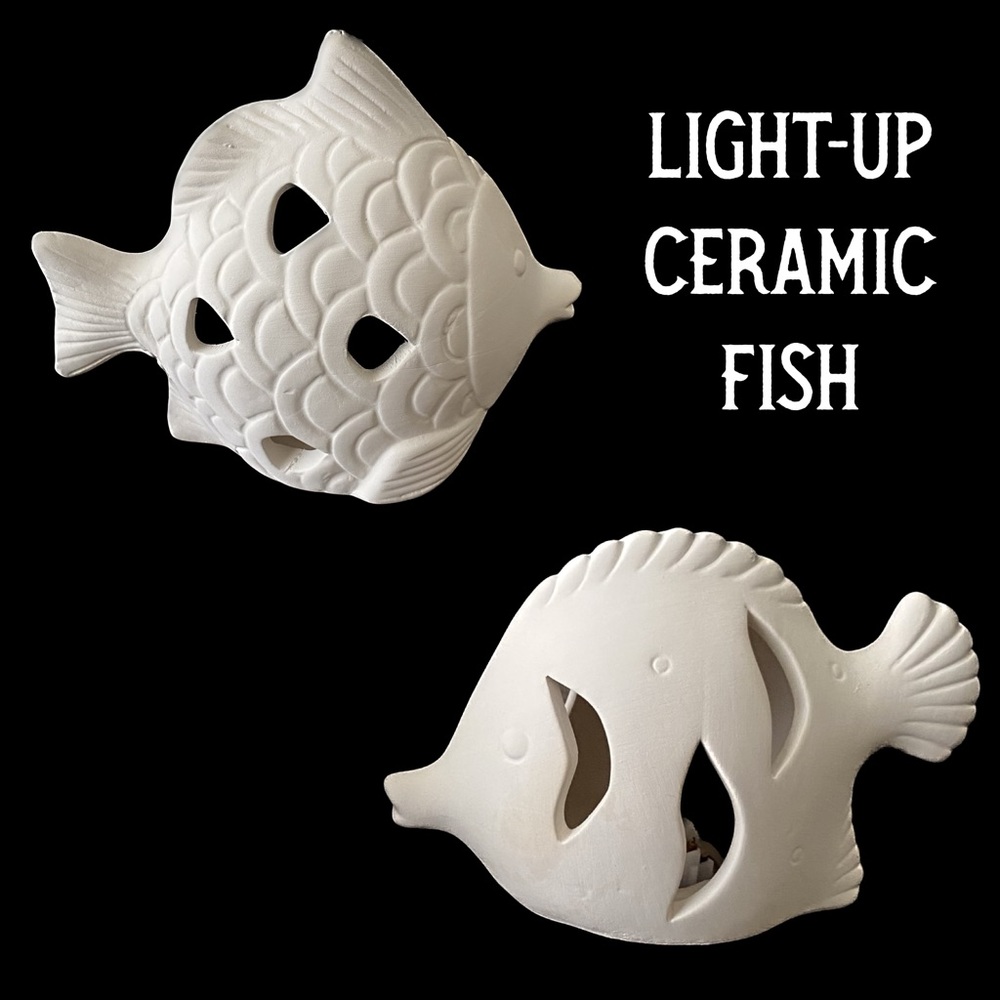 Set of 2 Light-up Ceramic Fish for Nautical Decor Customizable/ Paintable - Picture 1 of 13